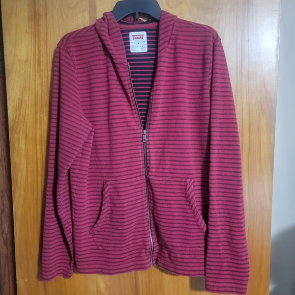 LEVI'S Mens Sweater Medium Full Zip Hoodie Red Striped - Picture 1 of 4